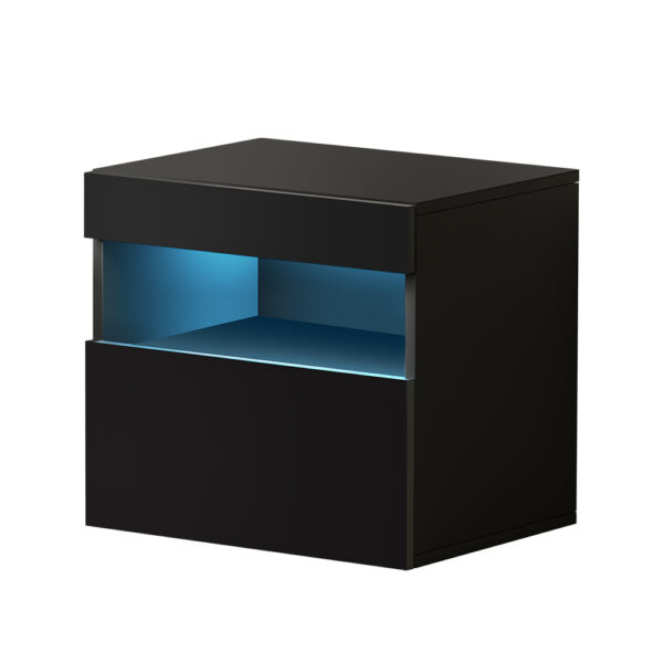 Aplusliving-Modern LED Bedside Table 16 Colors Light 1 Drawer Shelf High Gloss Black 48cm