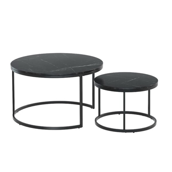 Aplusliving-Modern Marble Effect Nesting Coffee Tables Set of 2 Round MDF Black 50kg