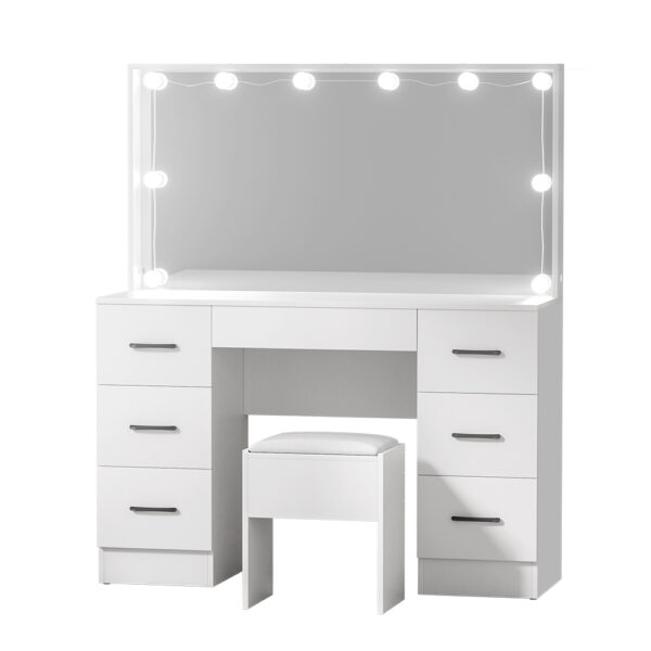 Aplusliving-Dressing Table Set Stool 10 Led Bulbs White 7 Storage Drawers Foam Padded Stool