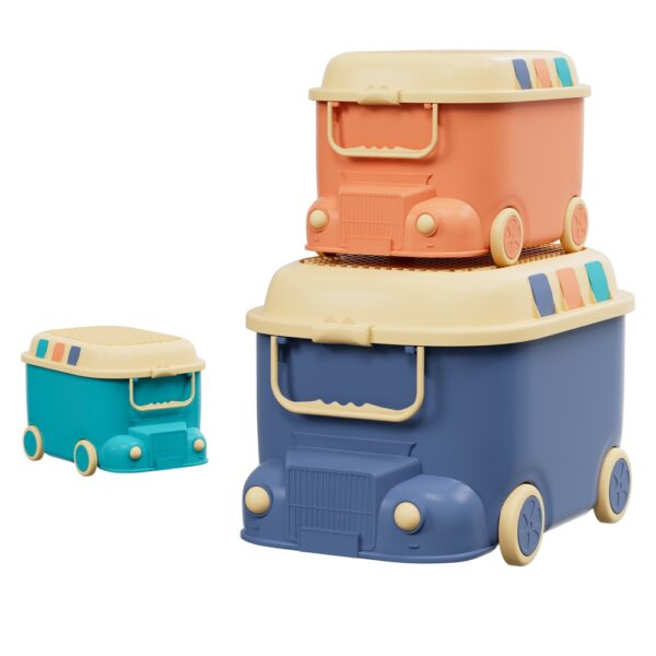 Aplusliving-Toy Storage Box Car Shaped with Wheels Building Block Lid Blue Orange Green