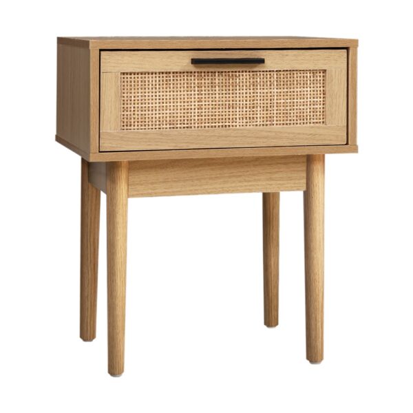 Aplusliving-Modern Rattan Drawer Bedside Table Nightstand with Storage Wood Legs