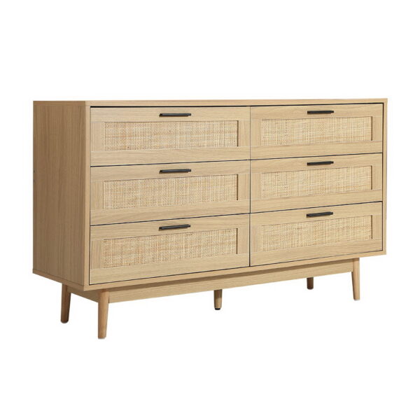 Aplusliving-Coastal Boho 6 Drawer Chest Rattan Design Ample Storage Wood Legs Oak Finish