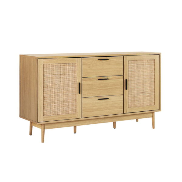 Aplusliving-Bohemian Rattan Buffet Sideboard Storage Cabinet with Adjustable Shelves Oak