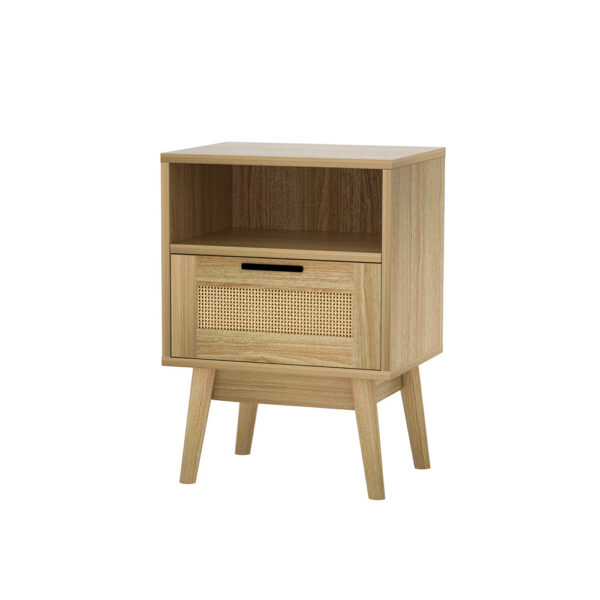 Aplusliving-Rattan Bedside Table with Drawer Shelf Boho Chic Bedroom Storage Oak Finish