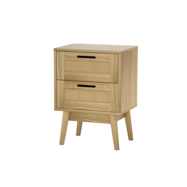 Aplusliving-Boho Rattan Bedside Table 2 Drawer Wood Nightstand with Shelf Oak Finish