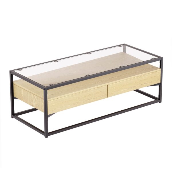 Aplusliving-Coffee Table 2 Drawers Glass Tabletop Pine Sturdy Metal Frame Easy to Assemble