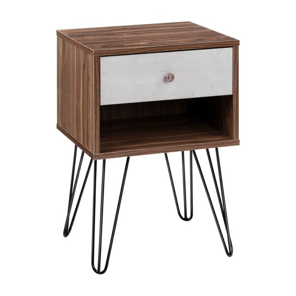 Aplusliving-Industrial Chic Bedside Table with Drawer and Shelf Dark Wood Grain Finish