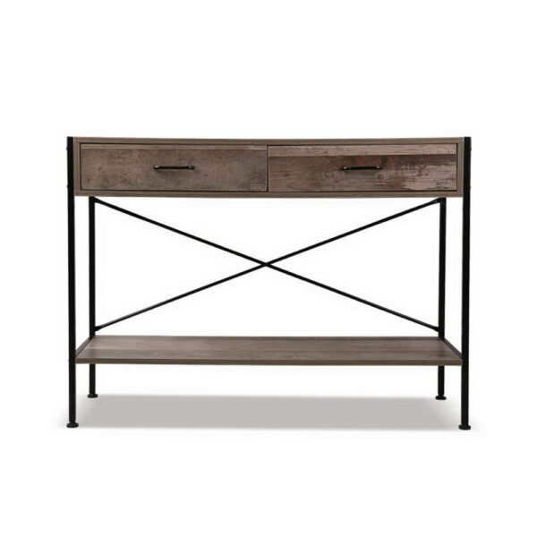 Aplusliving-Rustic 2 Drawer Console Table Walnut Finish Metal Legs Entryway Storage Shelf