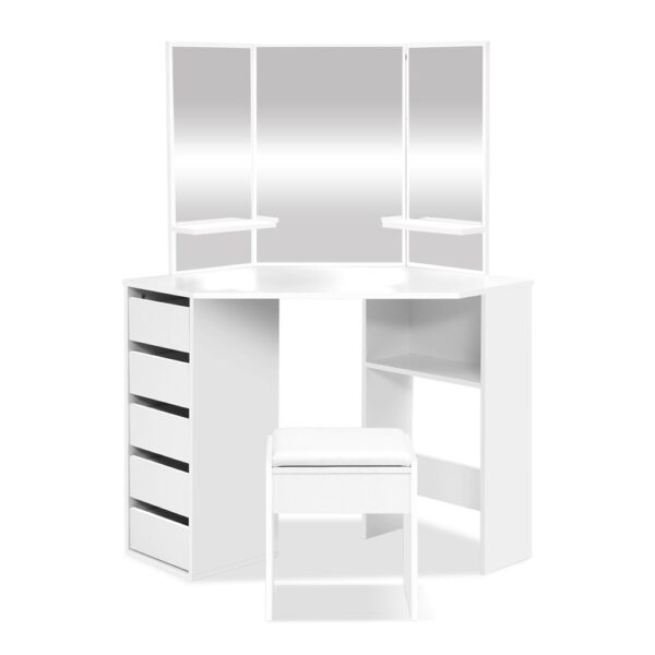 Aplusliving-White Corner Dressing Table Set 5 Drawers Mirror Stool Space Saving 111x54cm