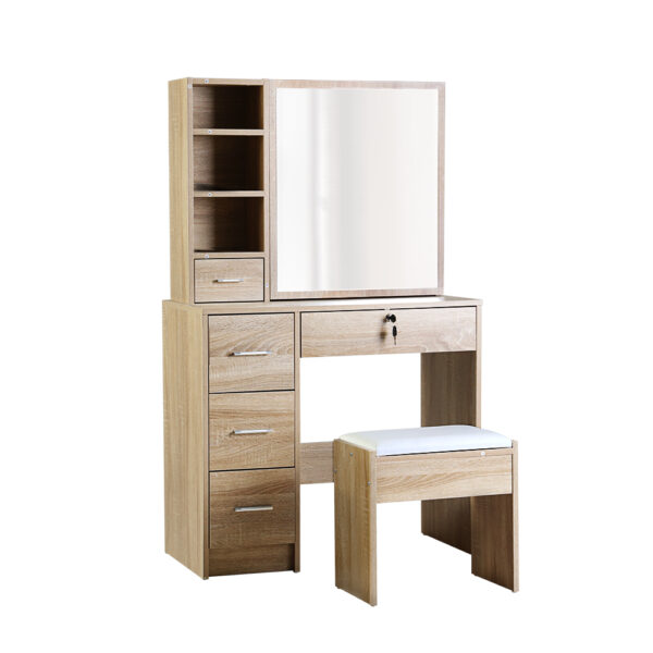 Aplusliving-Contemporary Oak Dressing Table Set with Sliding Mirror and Stool Storage