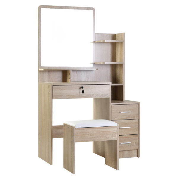 Aplusliving-Elegant Oak Dressing Table Set with Stool Mirror 4 Drawers & Shelves