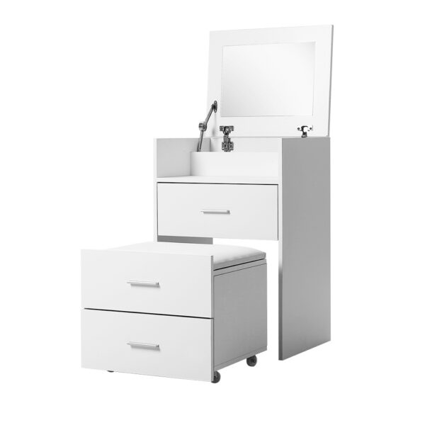 Aplusliving-White 2 in 1 Dressing Table Stool Set Bedside Hidden Mirror Storage Drawers