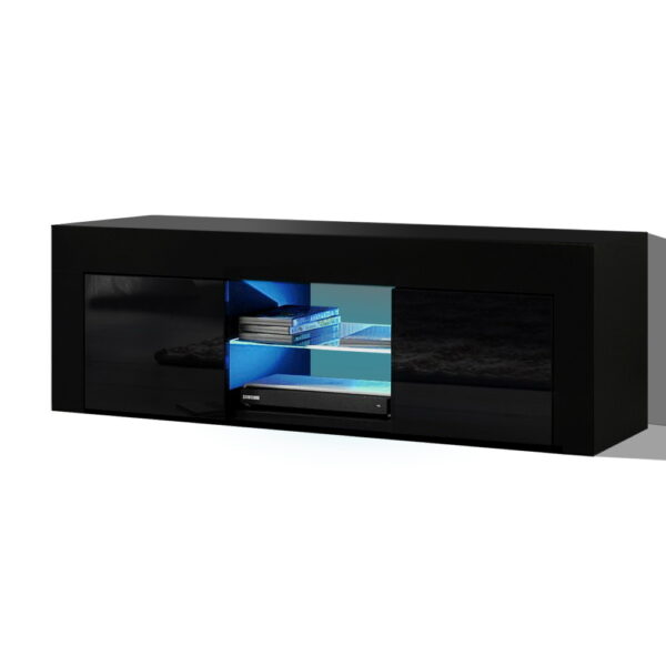 Aplusliving-130cm Modern LED TV Stand Cabinet High Gloss Black with RGB Lights & Storage