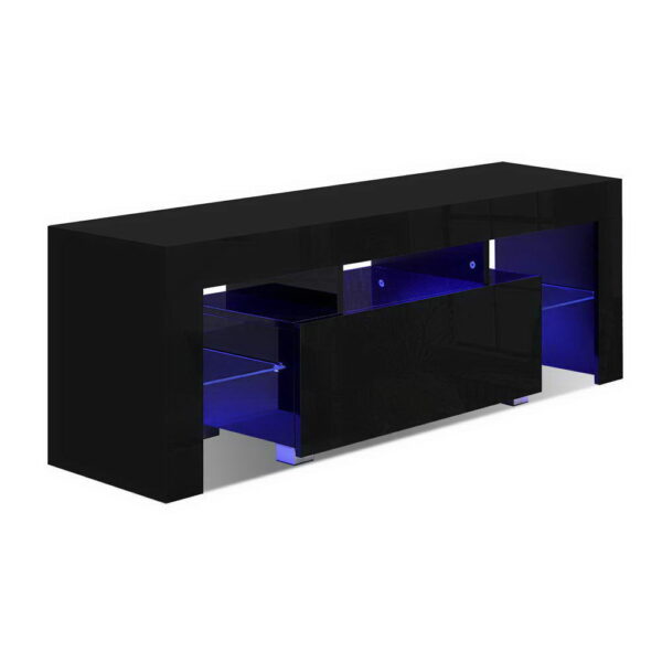 Aplusliving-130cm Modern LED TV Stand Cabinet High Gloss Black with RGB Lights & Storage