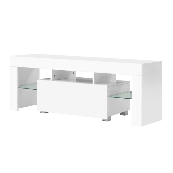 Aplusliving-130cm White LED TV Stand Cabinet Modern High Gloss with Storage & Glass Shelf