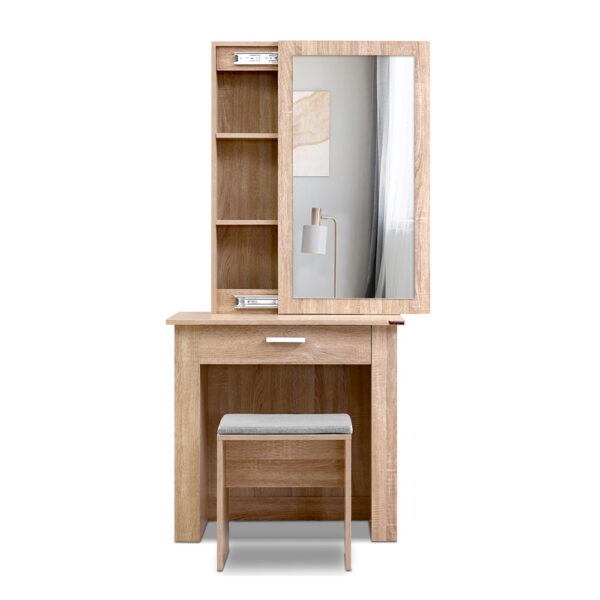 Aplusliving-Dressing Table with Sliding Mirror Stool Set Oak Finish Storage Shelves Drawer