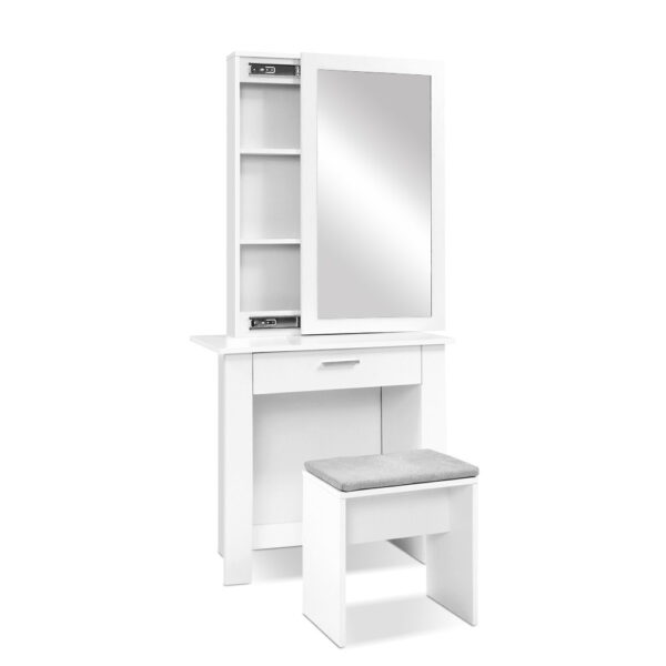 Aplusliving-White Dressing Table Set with Sliding Mirror Stool Storage Drawer Bedroom Vanity