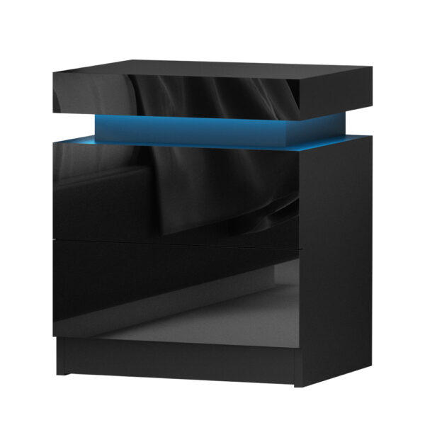 Aplusliving-Modern LED Bedside Table 2 Drawers Lift Storage High Gloss Black Nightstand