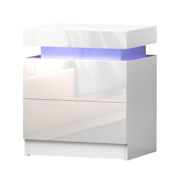 Aplusliving-Modern White LED Bedside Table 2 Drawers Lift Storage Nightstand High Gloss