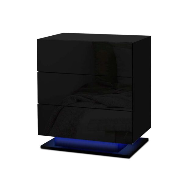 Aplusliving-Modern LED Bedside Table 3 Drawers High Gloss Black Nightstand Storage 16 Colors