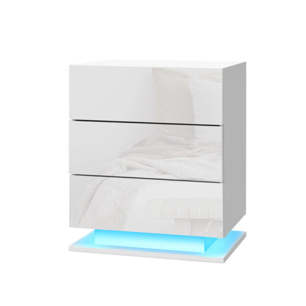 Aplusliving-Modern White LED Bedside Table 3 Drawers Nightstand Storage High Gloss Light