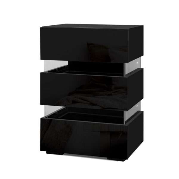 Aplusliving-Modern LED Bedside Table 3 Drawers High Gloss Black Nightstand Storage 45x35x67c