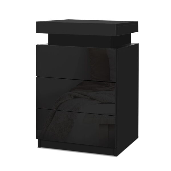 Aplusliving-Modern LED Bedside Table 3 Drawers High Gloss Black Nightstand Storage