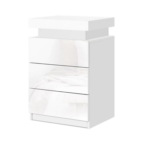 Aplusliving-Modern White LED Bedside Table 3 Drawers Storage Nightstand High Gloss