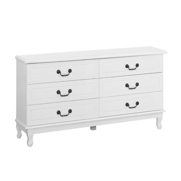 Aplusliving-French Provincial 6 Drawer Lowboy Chest White MDF Pine Legs Smooth Runners