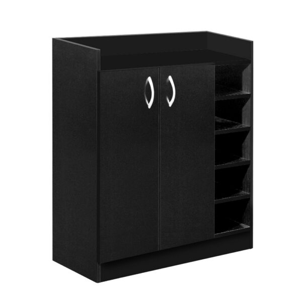 Aplusliving-Contemporary 2 Door Shoe Storage Cabinet with Adjustable Shelves Black