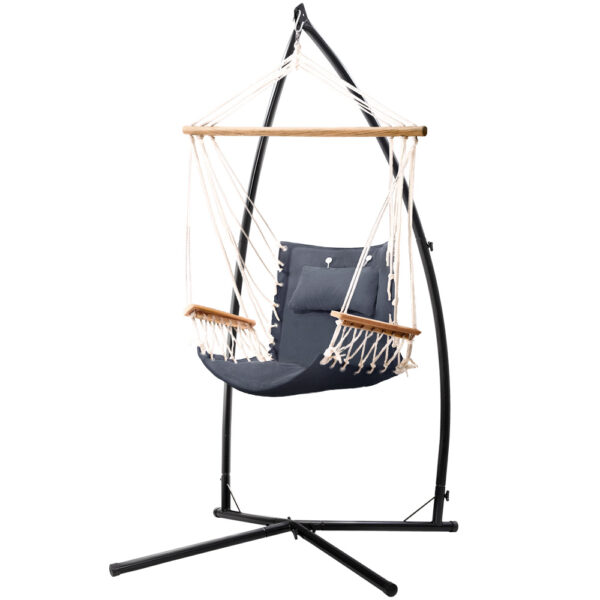 Aplusliving-Outdoor Hammock Chair Swing with Stand Cotton Fabric for Patio Garden Grey 120kg