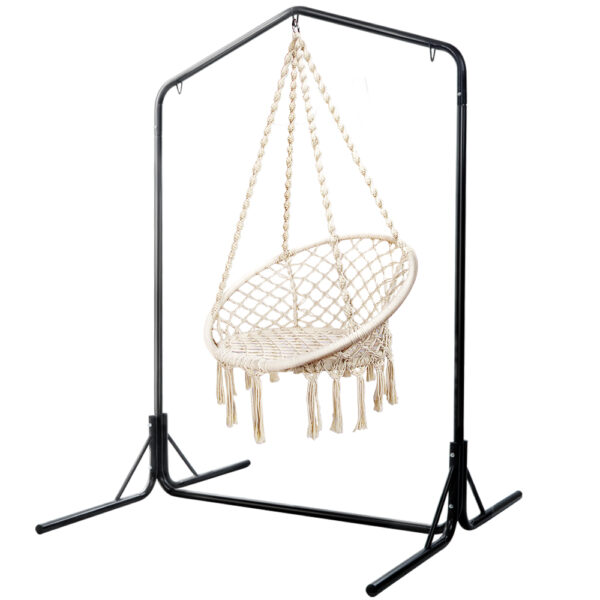 Aplusliving-Outdoor Cotton Hammock Chair Swing with Stand 124cm Cream Relaxing Patio Garden