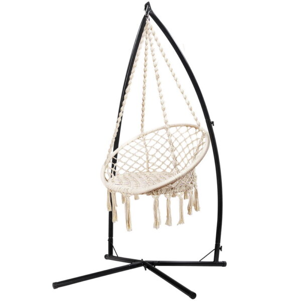 Aplusliving-Outdoor Cotton Hammock Chair Swing 124CM Cream with Steel Stand 120kg Capacity