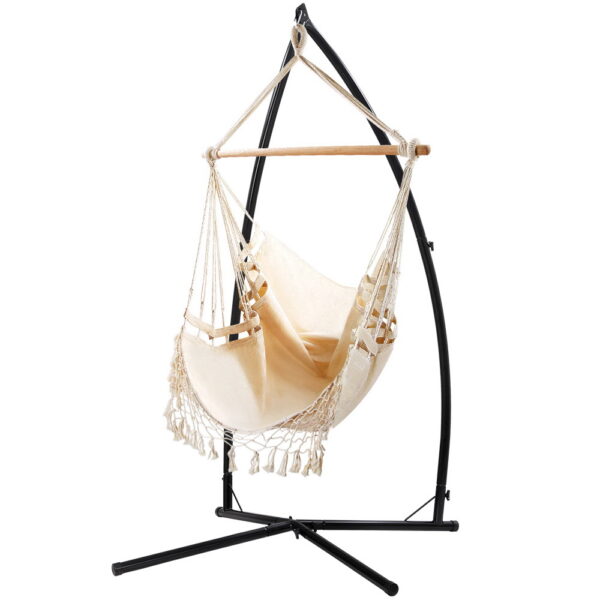 Aplusliving-Outdoor Hammock Chair Cream Hanging Rope Swing with Steel Stand 120kg Capacity