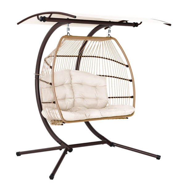 Aplusliving-2 Seater Wicker Outdoor Egg Swing Chair with Stand Canopy UV Resistant Latte