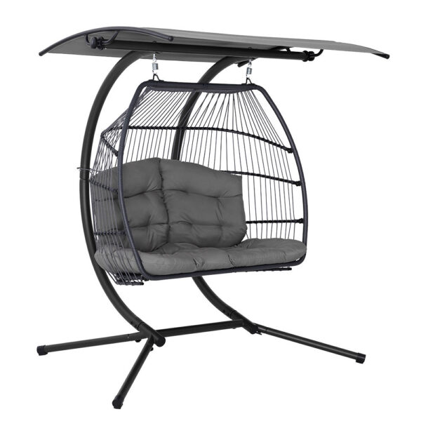 Aplusliving-2 Seater Outdoor Wicker Egg Swing Chair with Stand Canopy UV Resistant Grey