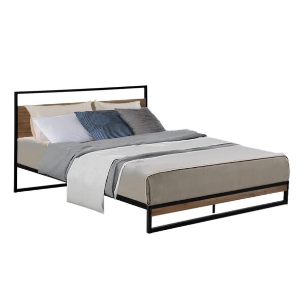 Aplusliving-Double Size Metal Wood Bed Frame Industrial Design Sturdy Slats 300kg Capacity