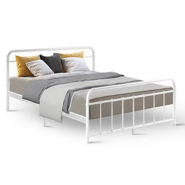 Aplusliving-Queen Size Metal Bed Frame Sturdy Steel Slats Powder Coated White Storage Space