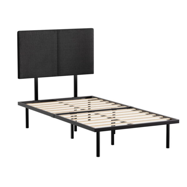 Aplusliving-Bed Frame Industrial  King Single Black Metal Faux Linen Upholstered Headboard