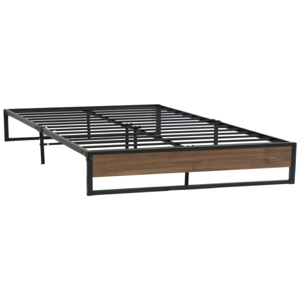 Aplusliving-Queen Size Industrial Metal & Wood Bed Frame Sturdy Slats 300kg Capacity Black