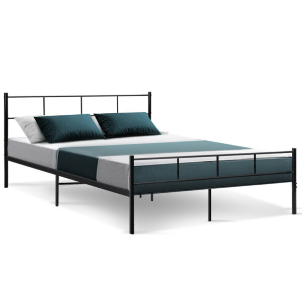 Aplusliving-Queen Size Metal Bed Frame Sturdy Steel Slat Support Black 300kg Capacity Storag