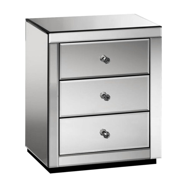 Aplusliving-Mirrored Bedside Table 3 Drawers Smoky Grey Finish Crystal Knobs Elegant