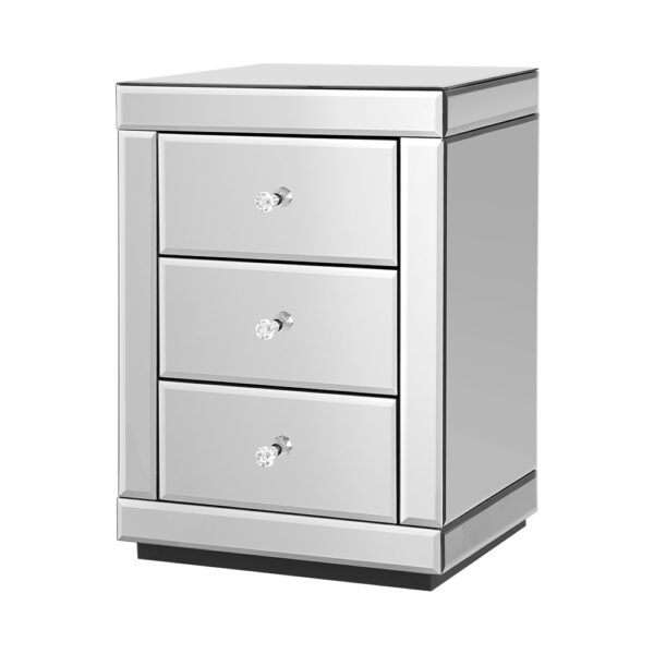 Aplusliving-Elegant 3 Drawer Mirrored Bedside Table Silver Reflective Bedroom Storage