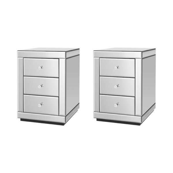 Aplusliving-Set of 2 Silver Mirrored Bedside Tables 3 Drawers Elegant Bedroom Storage