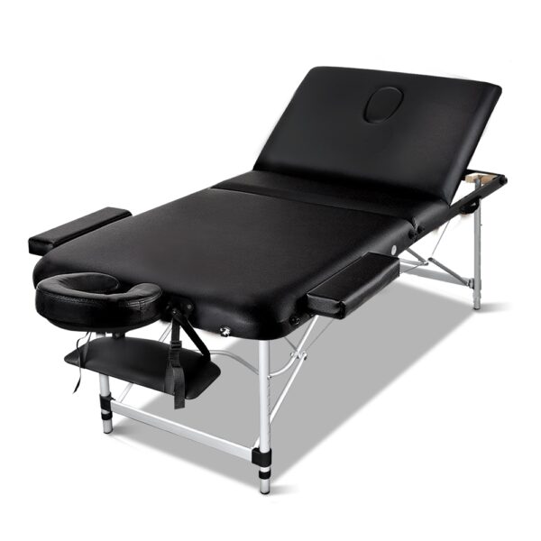 Aplusliving-80cm Portable Massage Table 3 Fold Aluminium Adjustable Beauty Bed Black