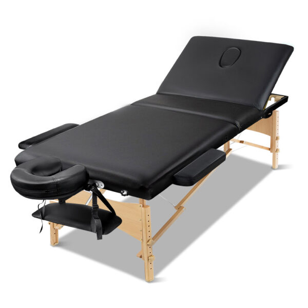 Aplusliving-75cm Wide Portable Massage Table 3 Fold Wooden Bed Adjustable Height Black