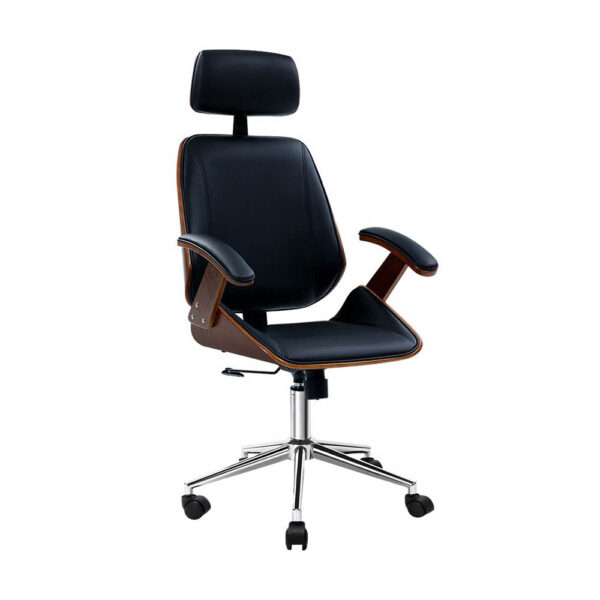 Aplusliving-High Back Wooden Frame Office Chair PU Leather 360° Swivel Tilt Adjustable Black