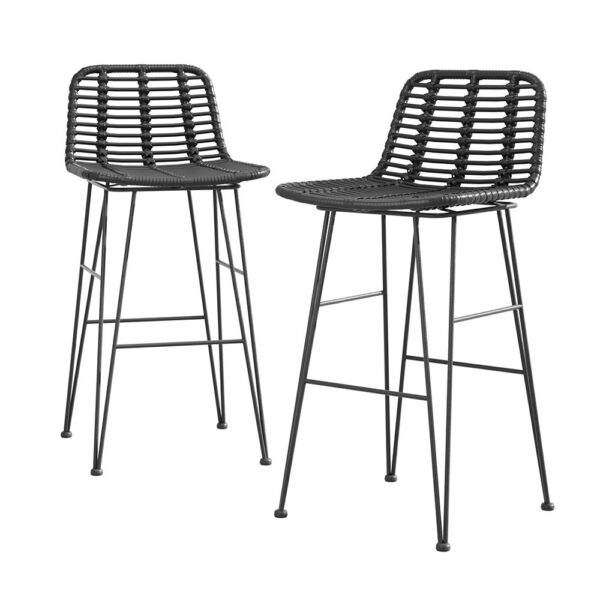 Aplusliving-Outdoor Bar Stools Wicker Dining Rattan Chair Black UV Resistant Set of 2