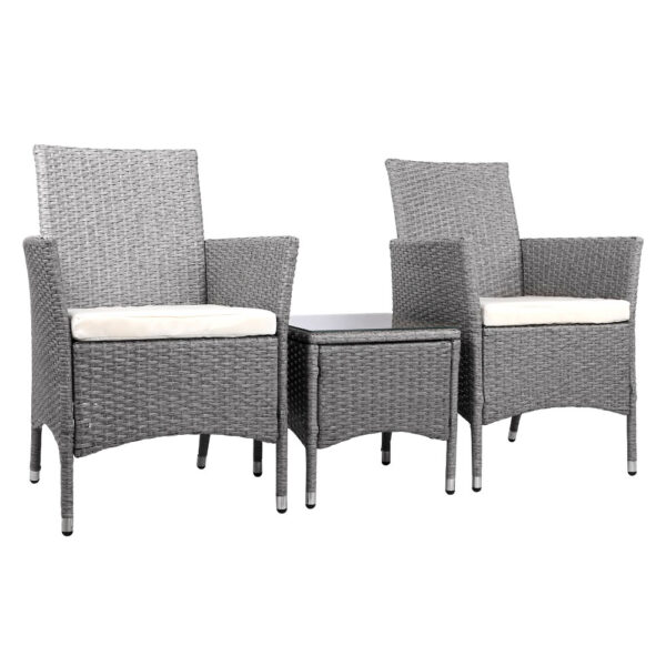 Aplusliving-Wicker Outdoor Furniture Set 2 Chairs Side Table Cushions UV Resistant Grey