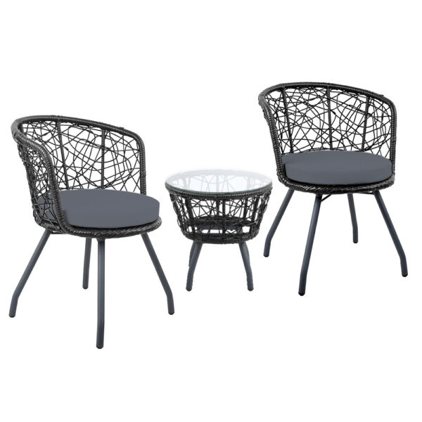 Aplusliving-3 Piece Rattan Patio Set Weather Resistant Cushioned Chairs & Glass Table